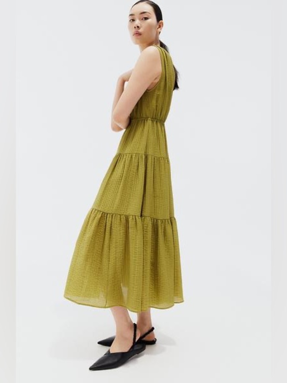 H&M Olive Green V-Neck Tiered Midi Dress Size S - Picture 7 of 8